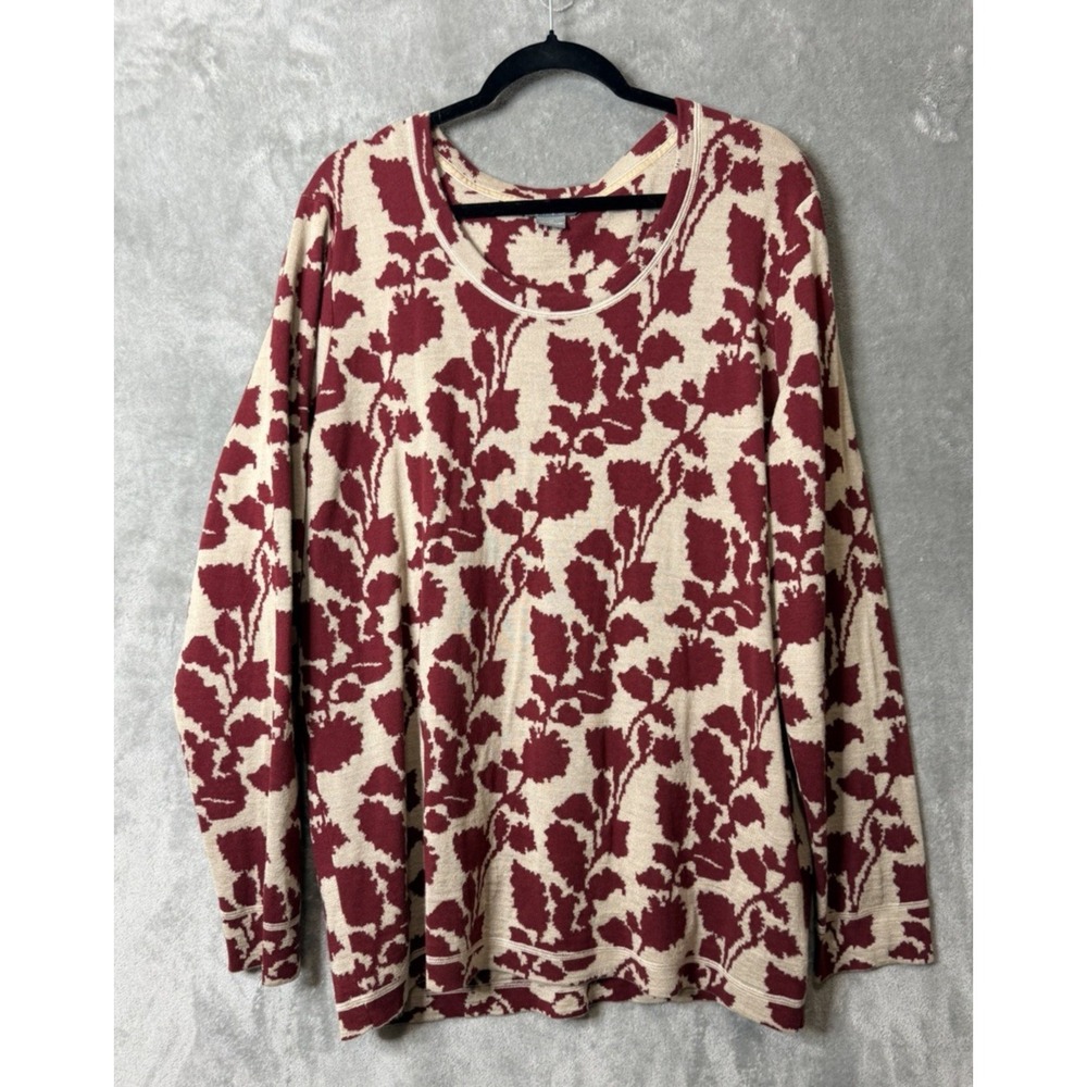 Natural Reflections Floral Knit Sweater Burgundy Cream Plus 1X Cotton Wool Blend